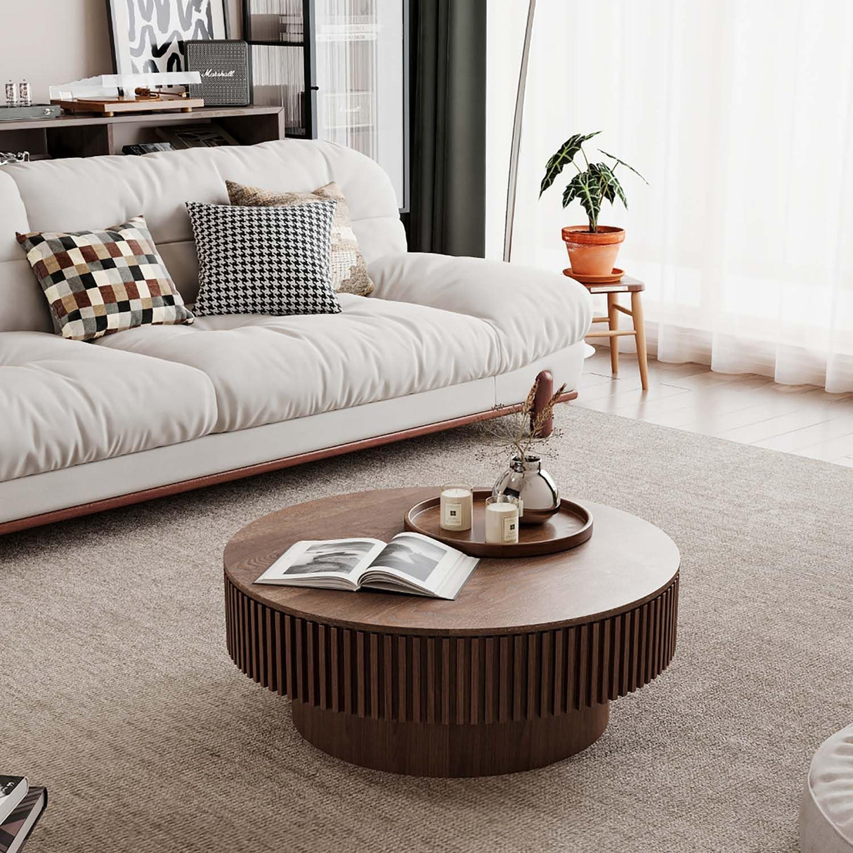 Round Coffee Table with Storage, Modern Wooden Coffee Table with Solid Wood Veneered, Circle Center Table Accent Tea Table for Living Room Apartment Small Space (31.5''L × 31.5''W × 14''H, Walnut) FGXJY