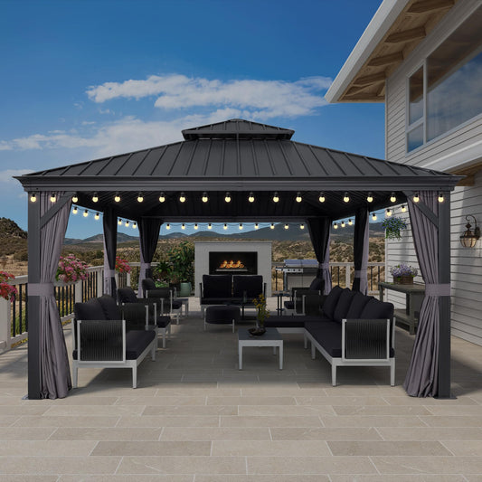 PURPLE LEAF 12' X 24' Large Gazebo with Galvanized Steel Double Roof Outdoor Patio Gazebo with Light for Lawn and Garden Permanent Hardtop Gazebo Grey - WoodArtSupply