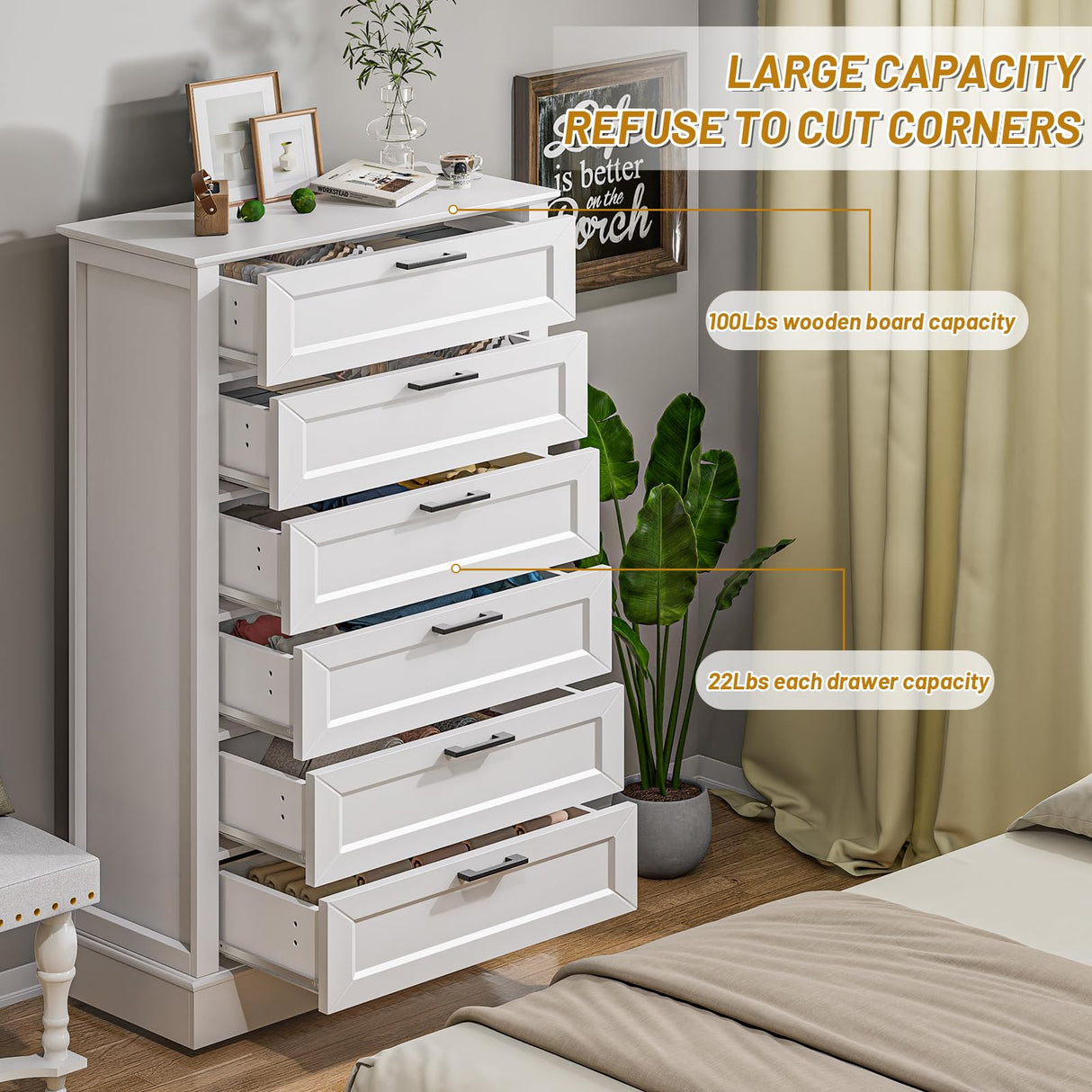 White 6 Drawer Dresser, 55 Inch Tall White Dresser for Bedroom, Modern Farmhouse Style Chest of Drawers for Bedroom Living Room, Wood Rustic Tall Dresser, Organizer for Closet, Living Room, Hallway ZLWJGY