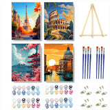 4 Pack City Landscape Paint by Numbers Kit for Adults Beginner with Frame,Paint by Number with Wooden Easel DIY Adult Paint by Number Kits for Home Decor 9x12inch ﻿ Kaixine
