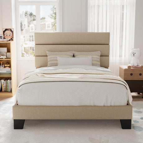 Allewie Twin Size Platform Bed Frame with Fabric Upholstered Headboard and Wooden Slats Support, Fully Upholstered Mattress Foundation/No Box Spring Needed/Easy Assembly, Beige Allewie