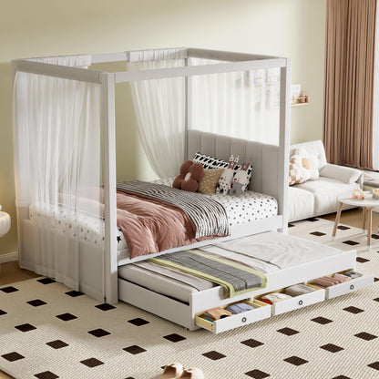 RuiSiSi Twin Upholstered Canopy Bed with Trundle and 3 Drawers Twin Size Wood Bed Frame Four Posters Platform Bed with Soft Headboard for Kids