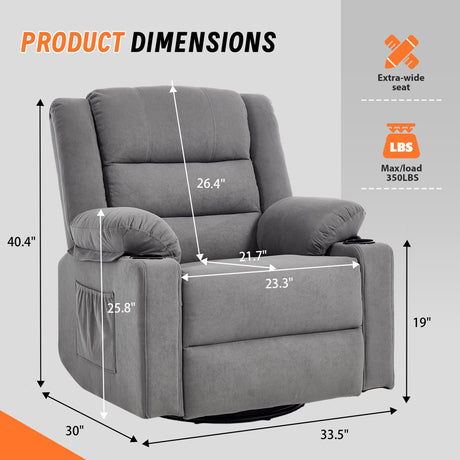 Sftaiyou 360°Swivel Rocker Recliner Chair for Adults,Manual Glider Recliner Sofa with Massage and Heating, Nursery Rocking Chairs with Cup Holds for Living Room Bedroom(Grey) Sftaiyou