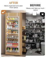 Over the Door Pantry Organizer 8-Tier, Large Metal Door Spice Rack with Adjustable Basket, 2 in 1 Wall Mount or Hanging Heavy-Duty Pantry Door Storage Shelf for Kitchen and Bathroom, White POKIPO