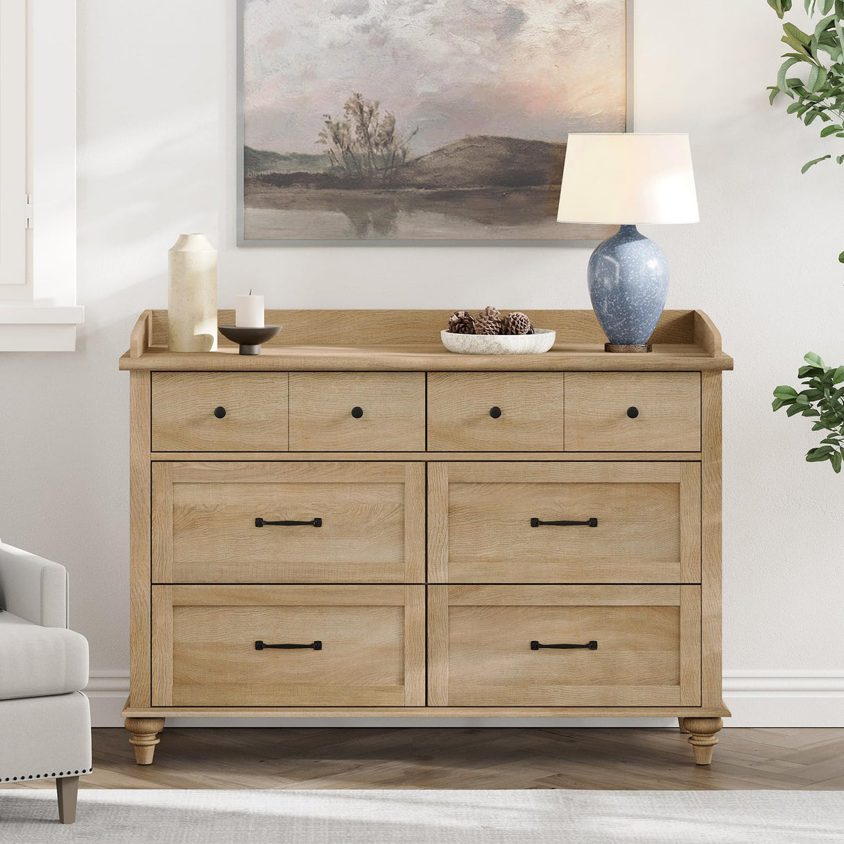 WAMPAT 2 Piece Dresser and Nightstand Sets, Wood Dresser & Chest of Drawers with 6 Drawers & Metal Handle, Farmhouse Side Table Night Stand with Charging Station, 2 Piece Bedroom Set, Oak WAMPAT