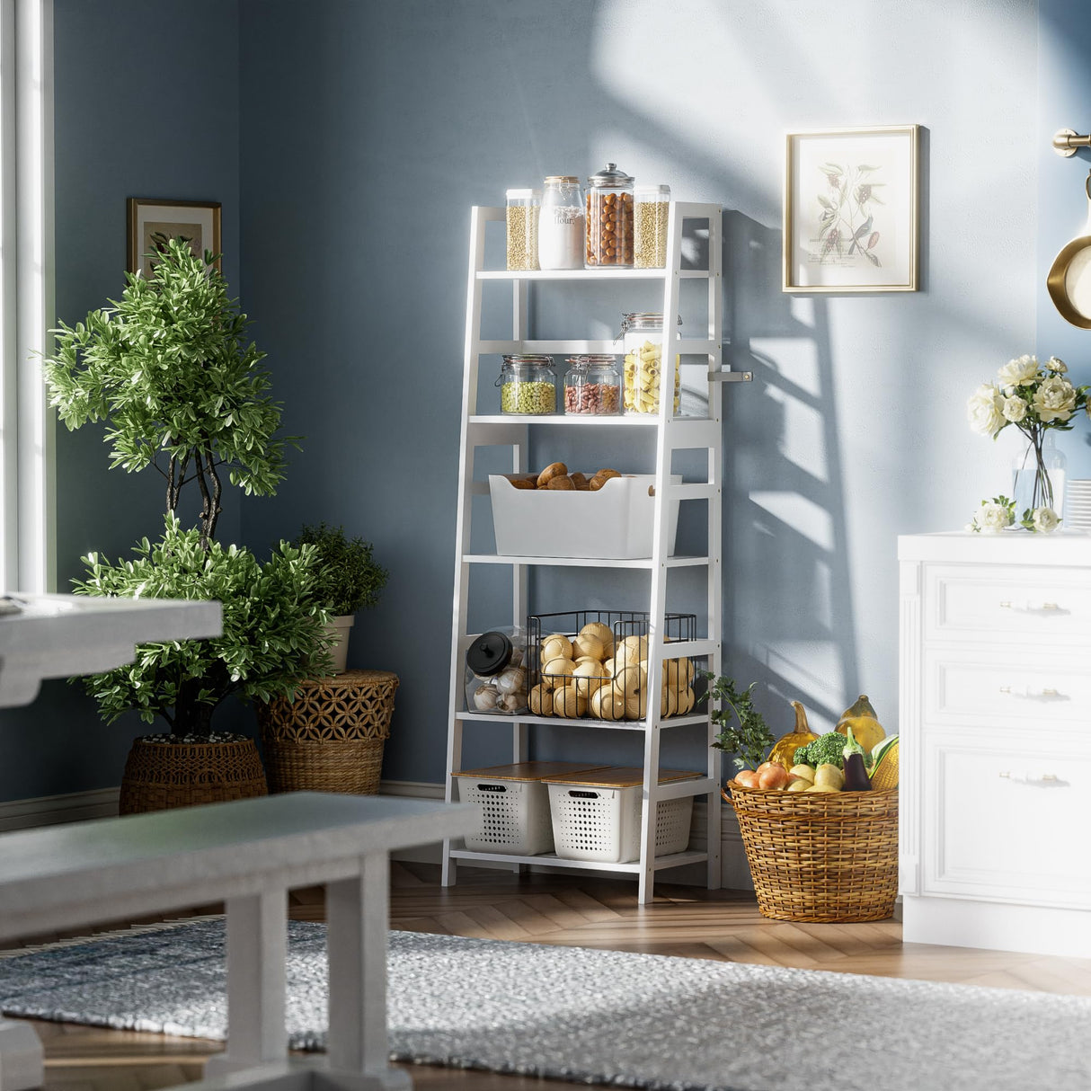 vovala Ladder Shelf, 5-Tier Bookshelf, All Bamboo Heavy Duty Bookcase, Freestanding Open Wood Storage Rack, Modern Corner Display Plant Stand for Living Room, Home Office, Bathroom, Bedroom, White vovala