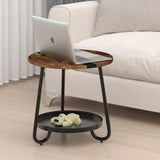MOFAIN 2 Tier Coffee Table in Living Room, Industrial Style Round Coffee Table with Metal Tray, Wood Small Outdoor Coffee Table for Bedroom Balcony Patio, Rustic Brown MOFAIN