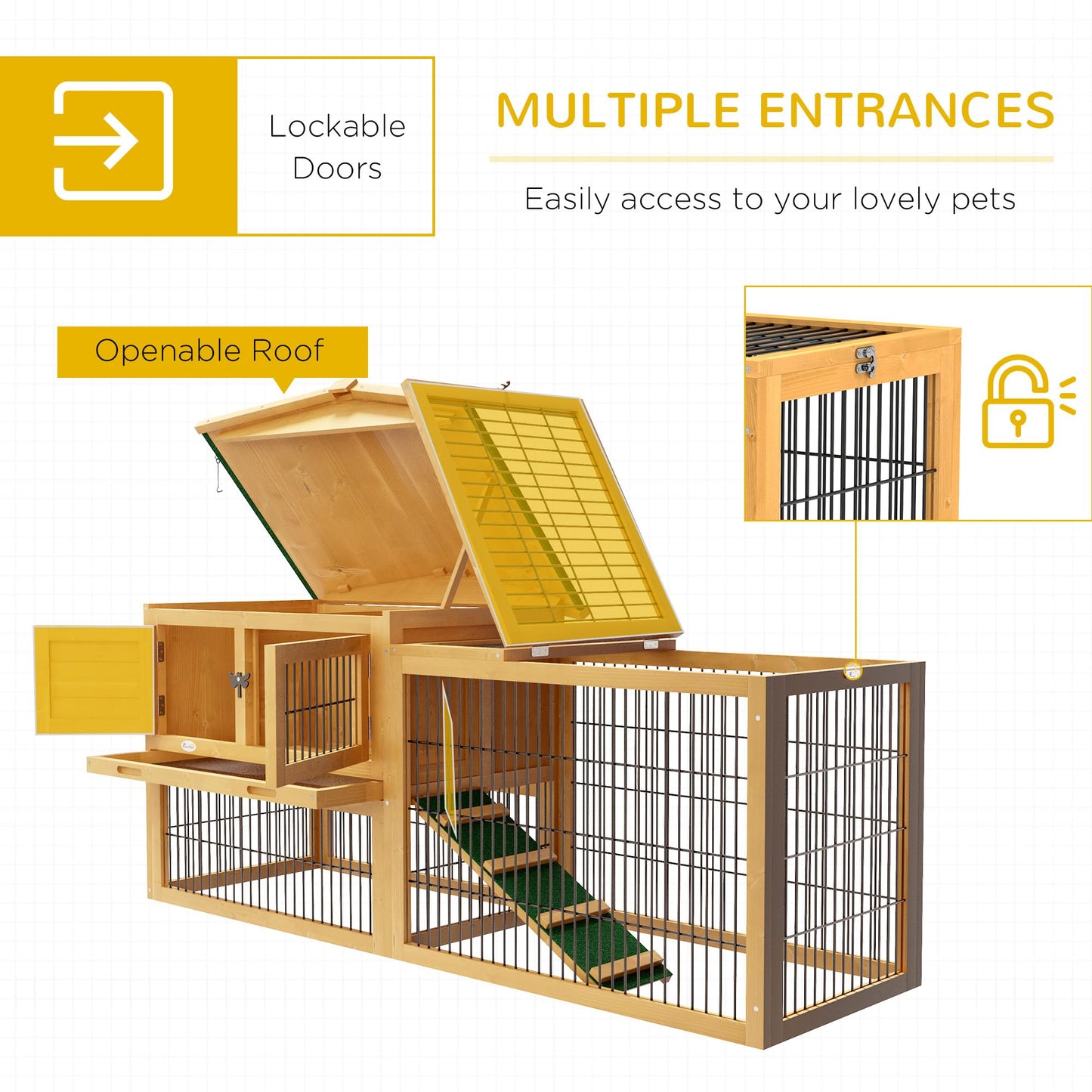 PawHut Rabbit Hutch, 2 Story Outdoor Bunny Cage with Slide-Out Tray, Run Cage, Openable Top for Rabbits, Guinea Pig, Yellow