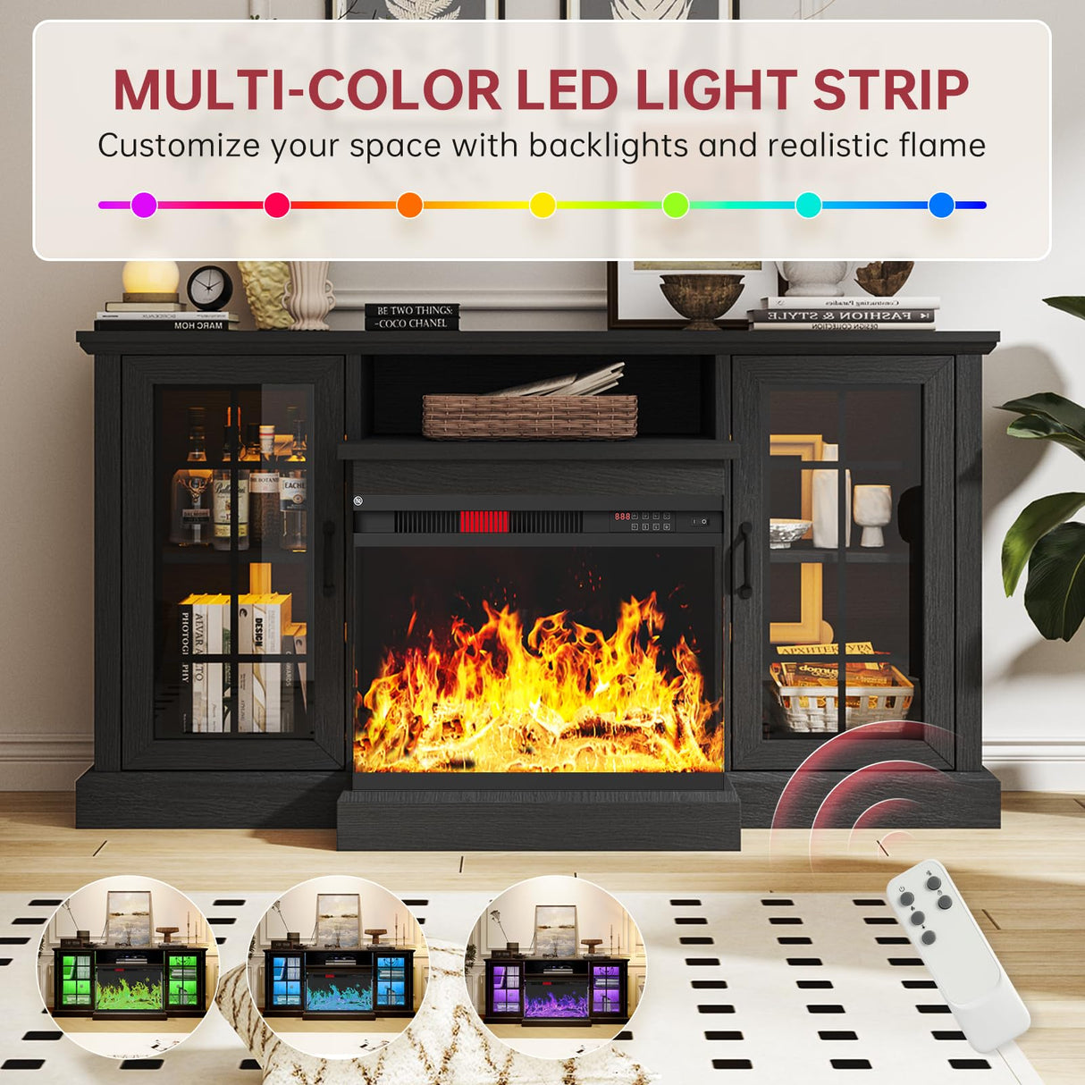 oneinmil Fireplace TV Stand with 3-Sided Glass, TV Cabinet for TVs up to 65", 59'' Modern Media Entertainment Center with Farmhouse Glass Door Storage Cabinets, for Living Room, Black oneinmil