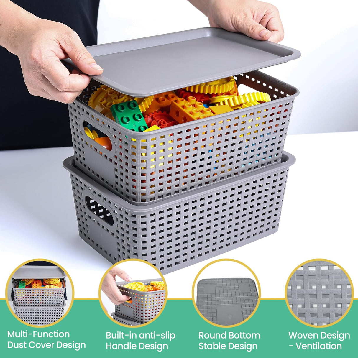Plastic Storage Baskets with Lid-Plastic Storage Containers Stackable Storage bins: Storage Baskets for Organizing Shelves Drawers Desktop Closet Playroom Classroom Office, 8Pack-Gray,10.2x7.2x4.1Inch Ohmlove