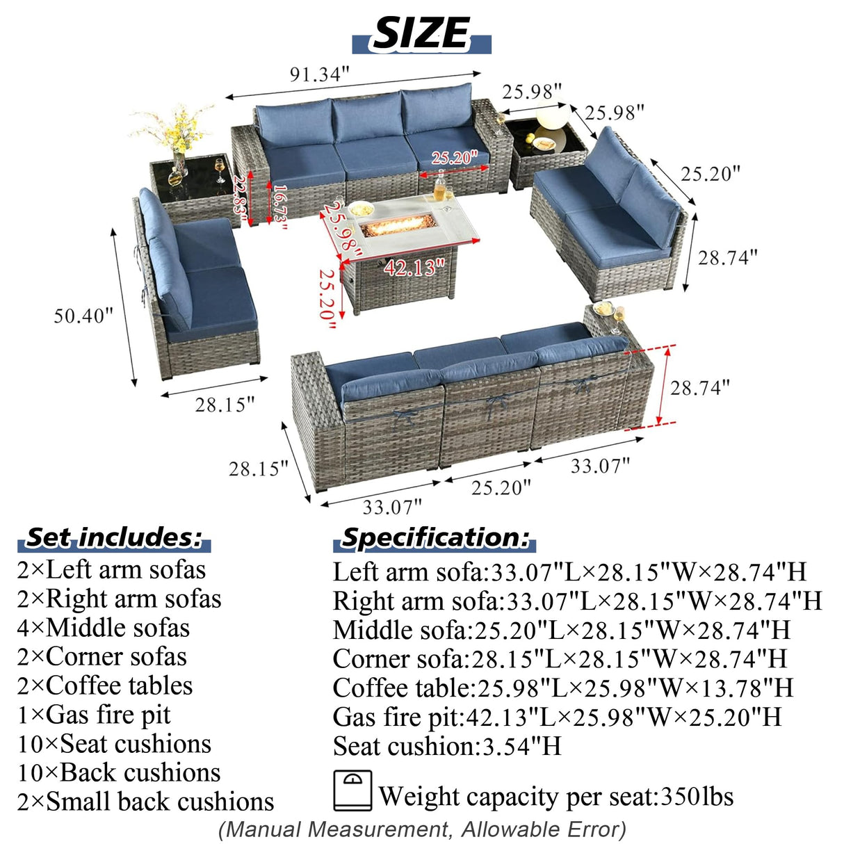 HOOOWOOO 13 Piece Modular Patio Outdoor Sectional Furniture Set with Gas Propane Fire Pit Table,Wicker Conversation Sofa Set,Out Door Couch Set with Wide Arm Outside(Denim Blue) HOOOWOOO