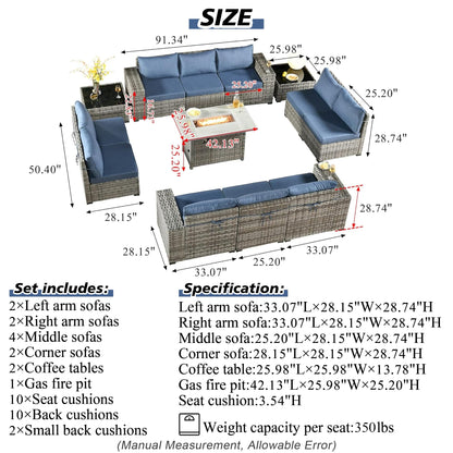 HOOOWOOO 13 Piece Modular Patio Outdoor Sectional Furniture Set with Gas Propane Fire Pit Table,Wicker Conversation Sofa Set,Out Door Couch Set with Wide Arm Outside(Denim Blue) - WoodArtSupply