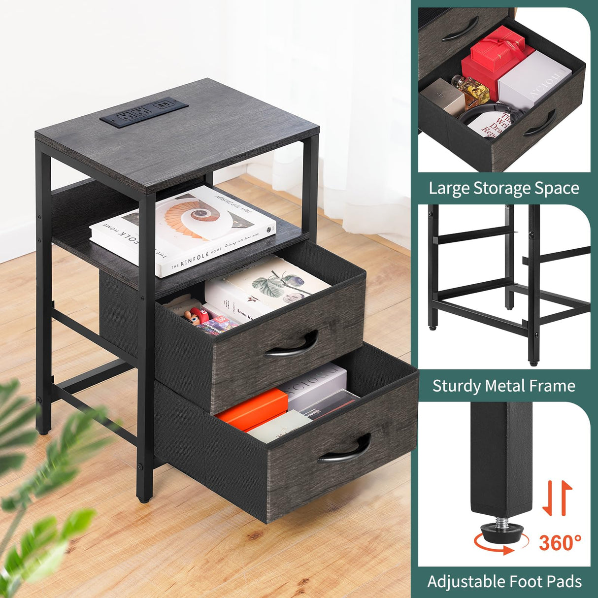 Yoobure Nightstand with Charging Station, LED Night Stand with Fabric Drawers and Storage Shelf for Bedroom, Nightstands Bedside Tables with USB Ports & Outlets, Small Night Stands, Bed Side Table Yoobure