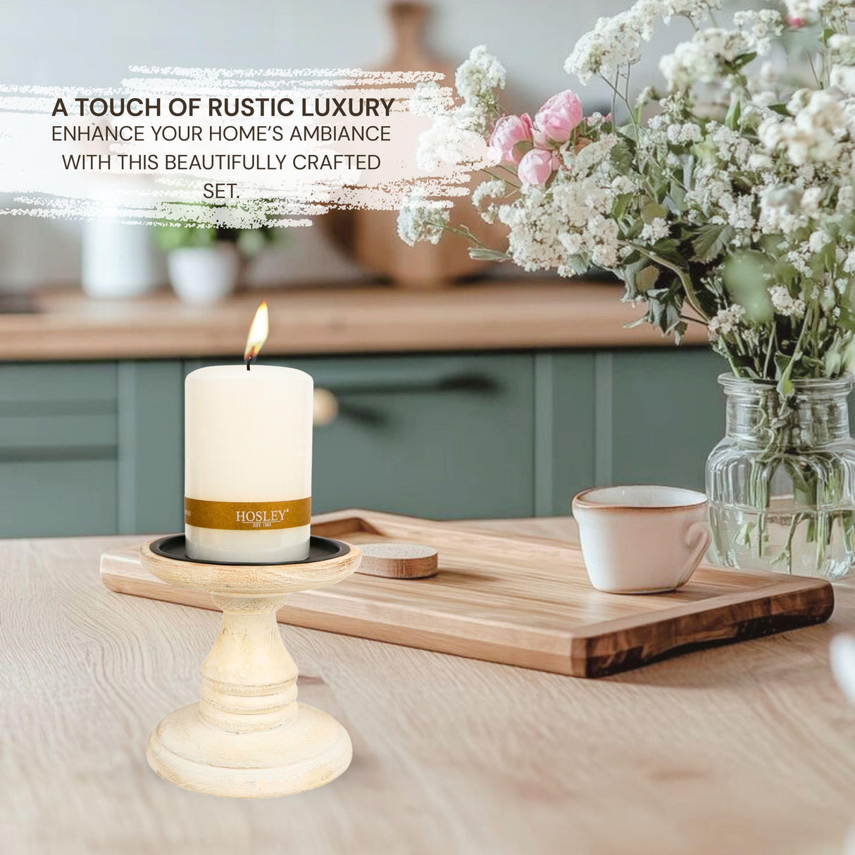 Hosley White 5 Inch High Wooden Pillar Candle Holder Country Style. Ideal Gift for Wedding Party Home Spa Reiki Aromatherapy LED Votive Candle Gardens W1 Hosley