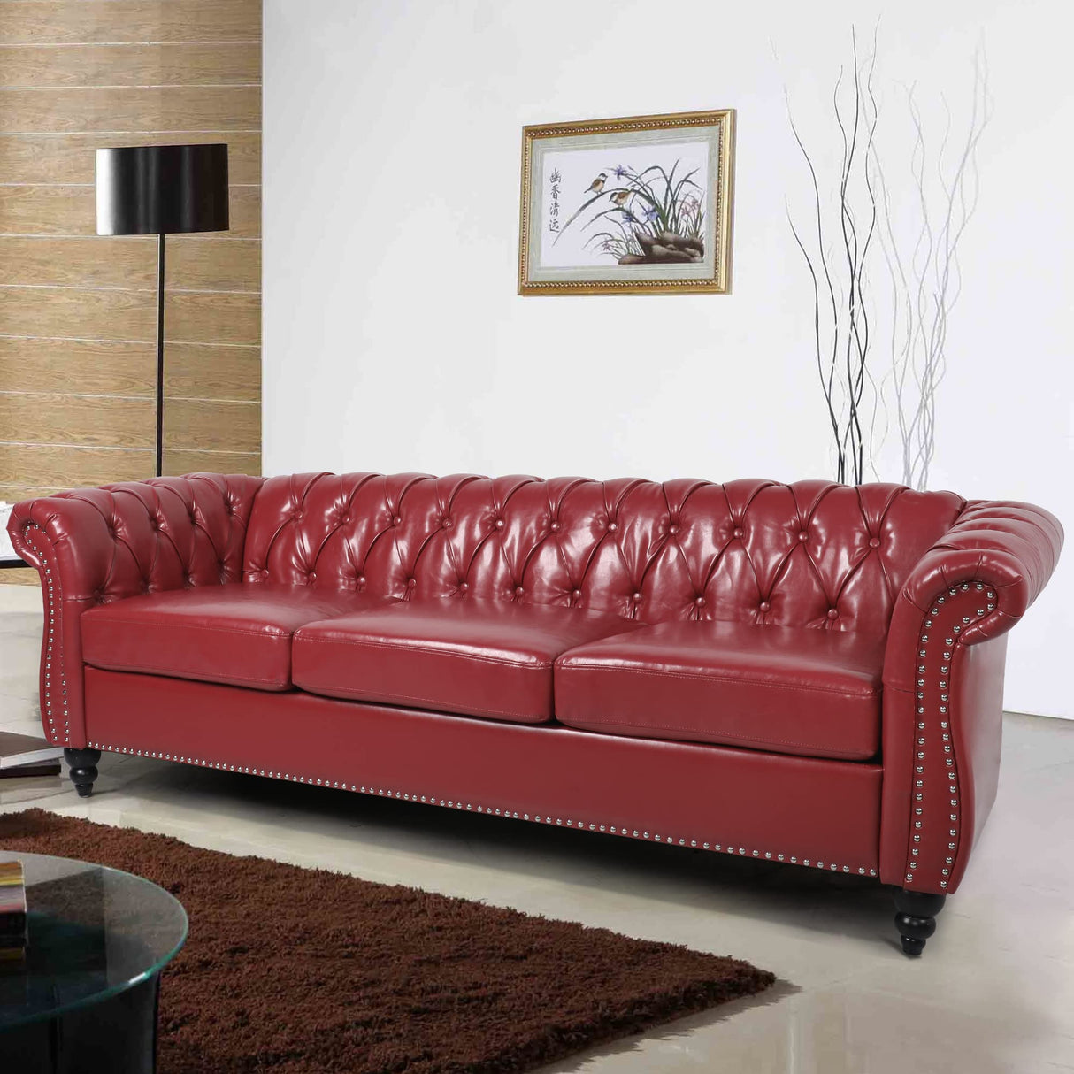 AVZEAR Leather Sofa 3 Seater Couch, Large Sofa Furniture Roll Arm Classic Tufted Chesterfield Settee Leather Sofa with Channel Tufted Seat Back for Living Room, Claret AVZEAR