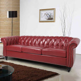 AVZEAR Leather Sofa 3 Seater Couch, Large Sofa Furniture Roll Arm Classic Tufted Chesterfield Settee Leather Sofa with Channel Tufted Seat Back for Living Room, Claret AVZEAR