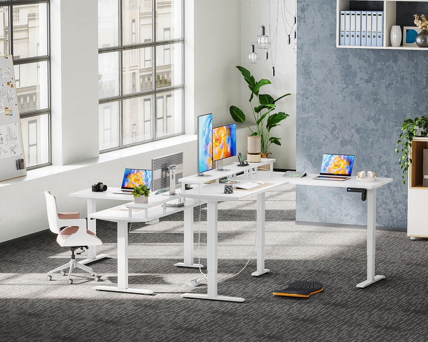 AODK Electric L-Shaped Standing Desk, Height Adjustable Office Desk with Monitor Stand, Sit-Stand Desk with Power Outlets, Large Lift Table for Home, Office, Workstation, White - WoodArtSupply