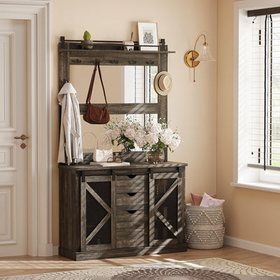 FinerFurnis 77 Inch Farmhouse Hall Tree Bench with 2 Mirrors, Shoe Storage, Coat Rack, Sliding Barn Doors, Wooden Entryway Organizer Furniture for Apartments, Mudroom, Deep Oak