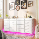 EnHomee 63" W 18 Drawers Dresser with LED Lights & Power Outlets Long Dresser for 65" TV Stand for Bedroom Large Fabric Dressers & Chests of Drawers for Bedroom, Sturdy Metal Frame (White) EnHomee