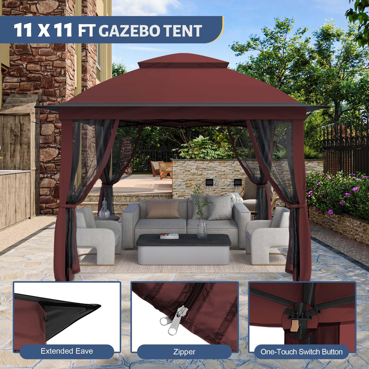 11'X11' Outdoor Gazebo, Pop Up Patio Gazebo with 4 Sidewalls Mosquito Netting, Heavy Duty Gazebo Canopy Tent with Double Air Roofs for Backyards, Patios, Decks, Gardens, Parks (Red) Yokayoay
