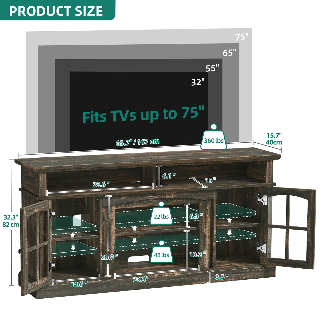 YITAHOME LED Farmhouse TV Stand for 75 Inch w/Outlets, Modern Entertainment Center with Glass Doors and Adjustable Storage Shelves, Media Console TV Cabinet for for Living Room, Dark Rustic Oak YITAHOME