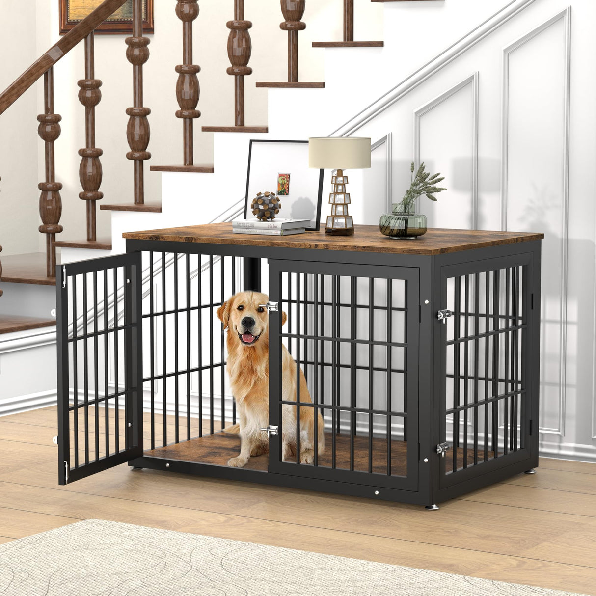 rehomerance Rustic Heavy Duty Dog Crate Furniture for Extra Large Dogs, Decorative Pet House End Table, Wooden Cage Kennel Furniture Indoor, XL, Black and Brown rehomerance