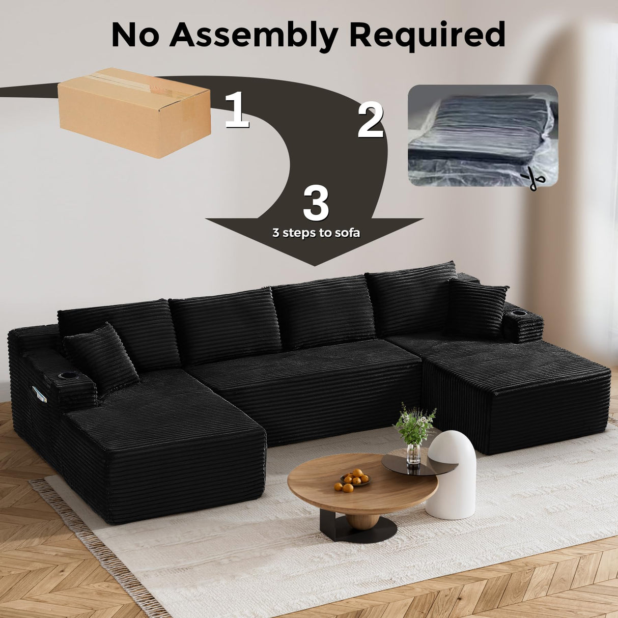 133" Oversized Cloud Boneless Sofa Couch with Chaise, Modern Corduroy U Shaped Modular Sectional Sofa with Deep Seat, Comfy Couch with Cupholders and Storage, No Assembly Required-Black VYNELITO