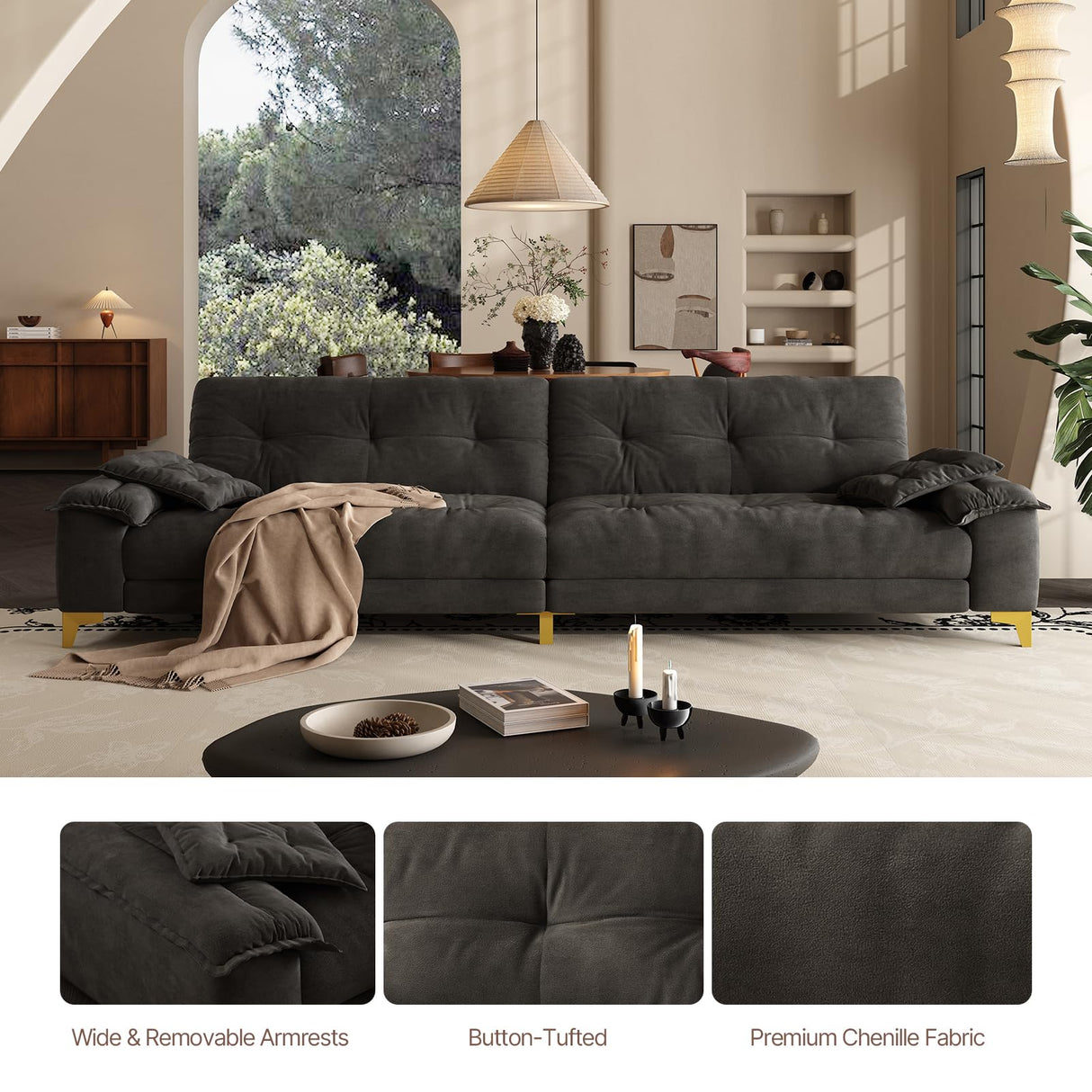 104.7" sectional Couch, mid-Century Modern 4-Seater Comfy Cloud Couch for Living Room Office, Button Tufted upholstered Metal Legs Sofa Sturdy loveseat (Dark Gery, 104.7Inch) Generic