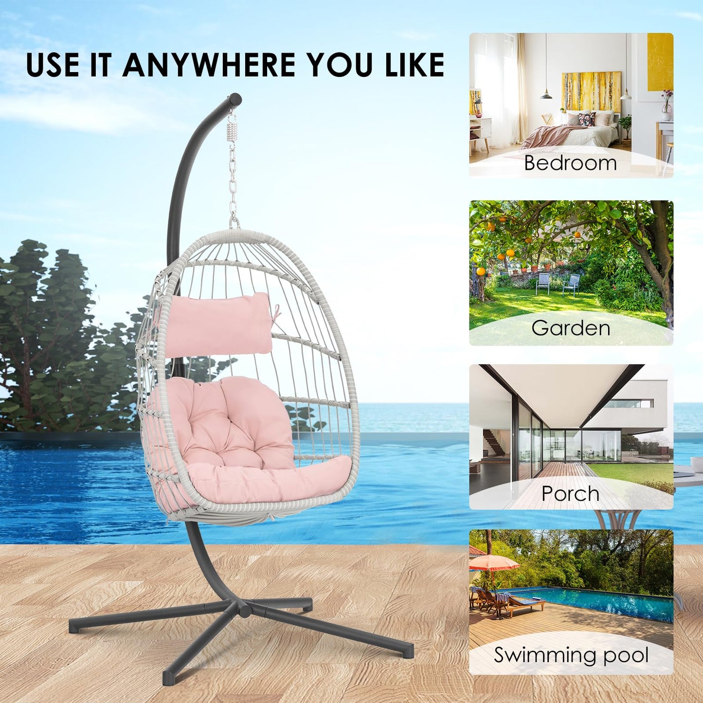 Hanging Egg Chair with Stand - Pink Swing Egg Chairs Wicker Rattan Hammock Chairs for Indoor Outdoor Bedroom Garden - Aluminum Steel Frame and UV Resistant Cushion 350LBS Capacity for Kids Ad - WoodArtSupply