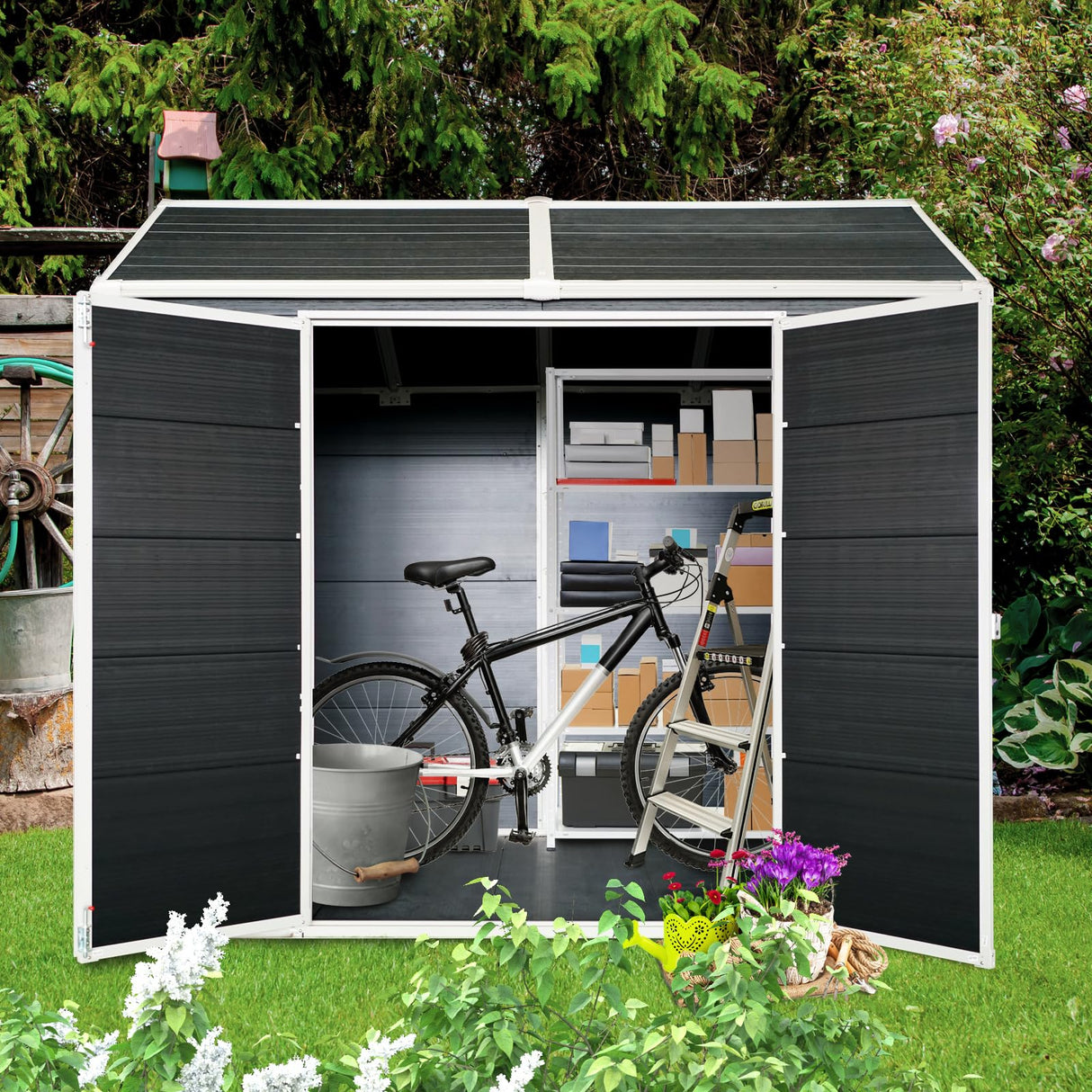 8 x 4 FT Outdoor Storage Shed, Outdoor Resin Shed with Two-Window and Double-Door, Plastic Shed with Floor for Gargen, Patio, Yard, Lawn (Black) Star20XX