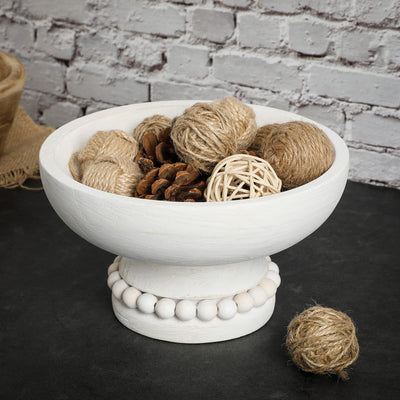 Amyhill Distressed Beaded Wood Pedestal Bowl Decorative Wooden Beaded Bowl Wood Pedestal Bowl Beaded Serving Bowl for Farmhouse Kitchen Decor (White)