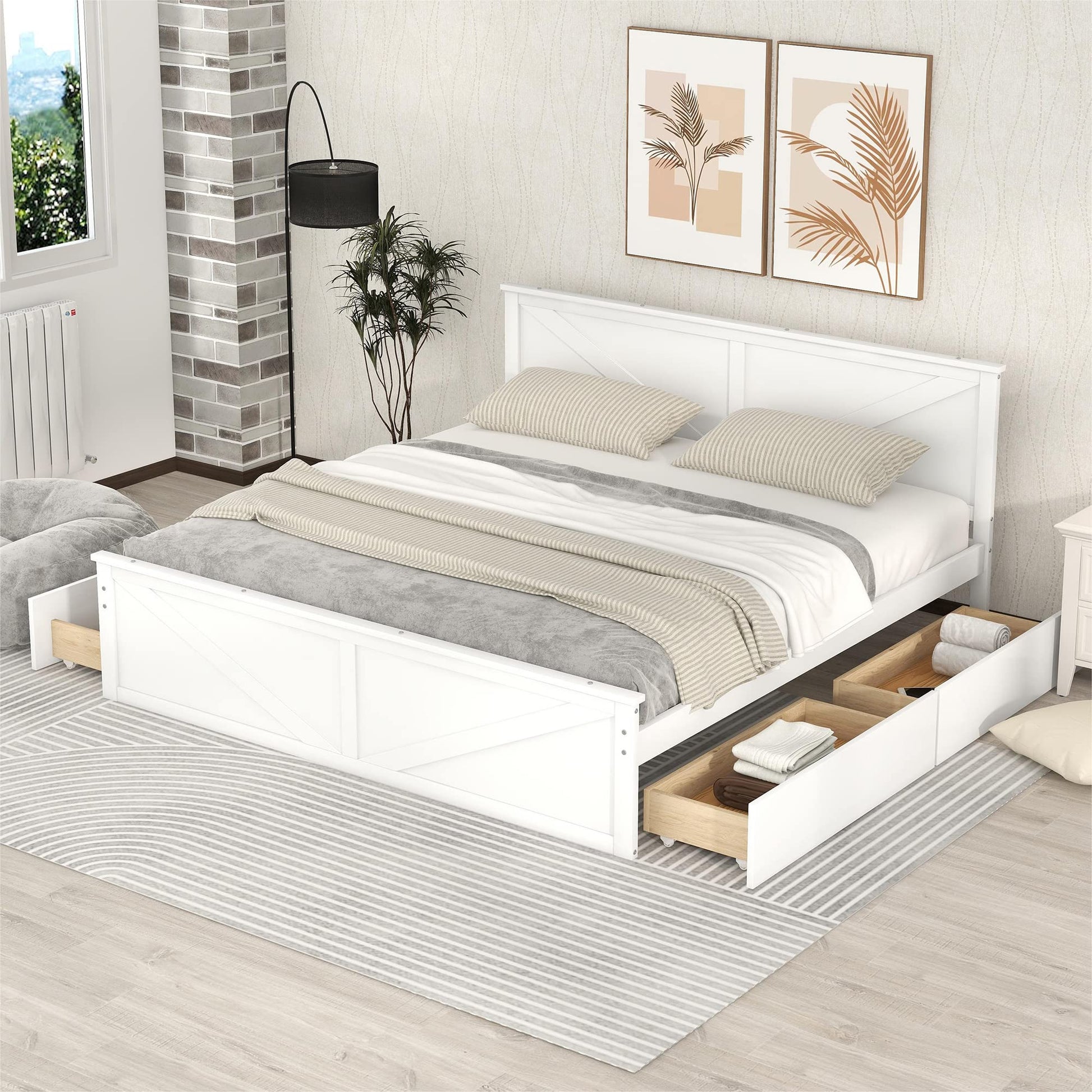 LZ LEISURE ZONE King Size White Wooden Platform Bed with 4 Storage Drawers and Headboard - WoodArtSupply