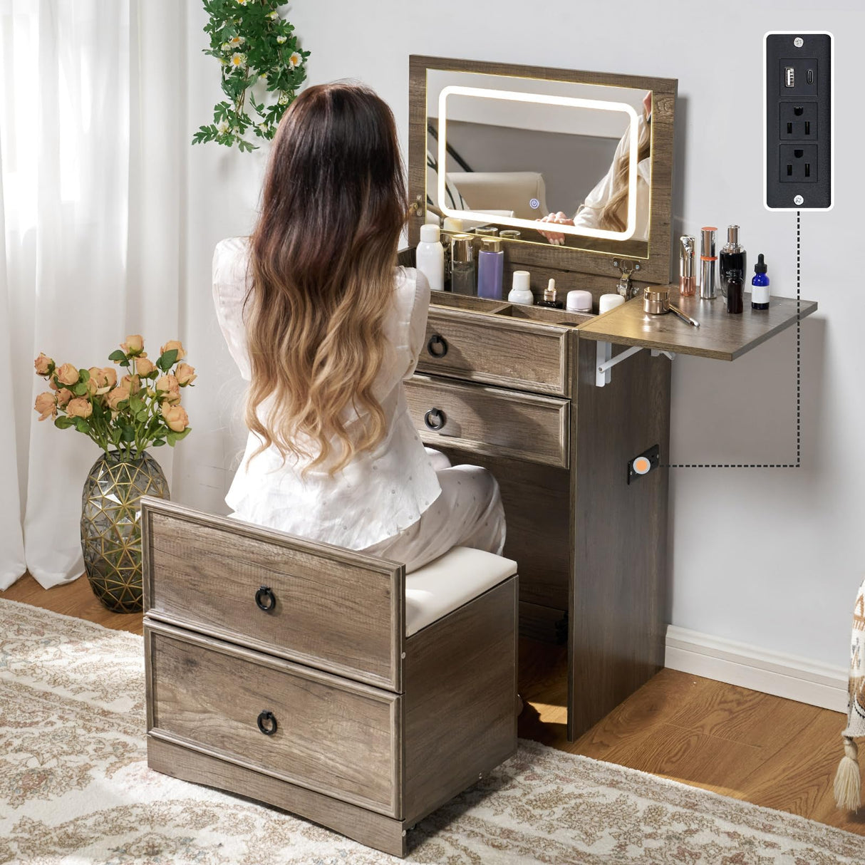 AMERLIFE 3-in-1 Makeup Vanity with Sliding Stool, Fold-up Panel, Divided Storage & Power Port, Farmhouse Makeup Table with Adjustable LED Light, for Small Space, Rustic Oak AMERLIFE