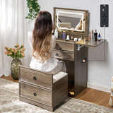 AMERLIFE 3-in-1 Makeup Vanity with Sliding Stool, Fold-up Panel, Divided Storage & Power Port, Farmhouse Makeup Table with Adjustable LED Light, for Small Space, Rustic Oak AMERLIFE
