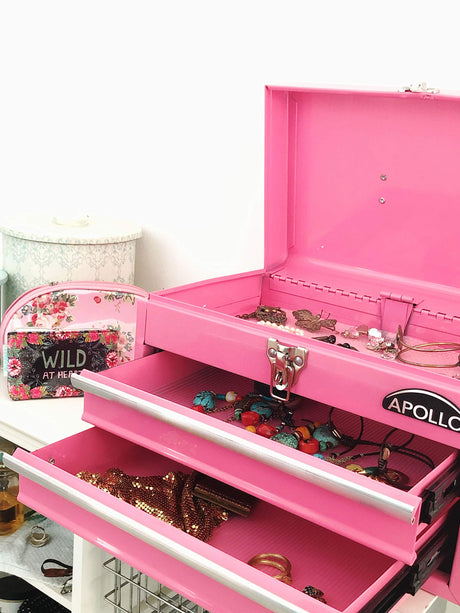 Apollo Tools 14 Inch Steel Tool Box with Deep Top Compartment and 2 Drawers in Heavy-Duty Steel With Ball Bearing Opening and Powder Coated Finish - Pink Ribbon - Pink - DT5010P Apollo