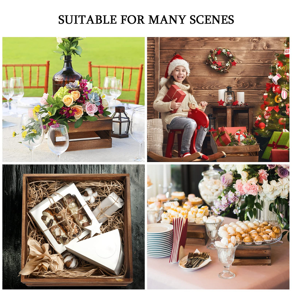 Sieral 4 Pieces Wood Cupcake Display Stand Decorative Dessert Appetizer Cake Stand Risers Wooden Crate Rustic Cake Risers for Decor Wooden Crate Style Storage Organizer for Party(Burnt Wood) Sieral