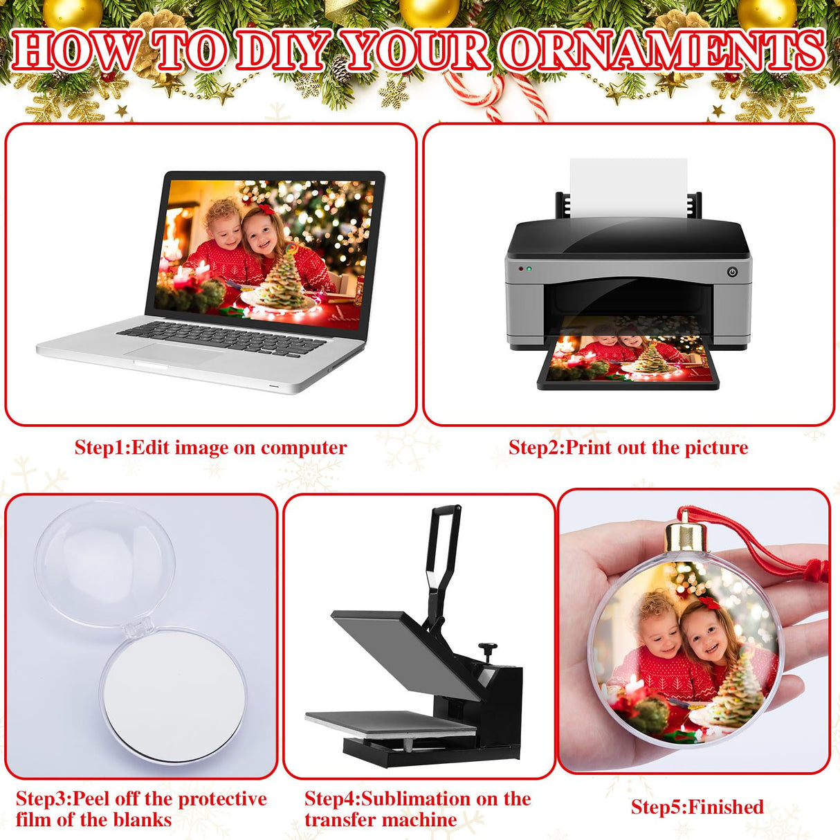 Hotop 12 Pcs Photo Ornament Ball Christmas Sublimation Blanks Photo Frame Ornaments Christmas Tree Hanging Photo Ball Decoration DIY Plastic Photo Baubles for Christmas Valentine's Day Decor Hotop