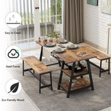 soges 3 Pieces Kitchen Dining Table Set for 4, Breakfast Table Set with 2 Benches, 4-Person Wooden Dinette with Wine Shelf and Glass Holder, Rustic Brown 10CZWKDS04TW140 soges