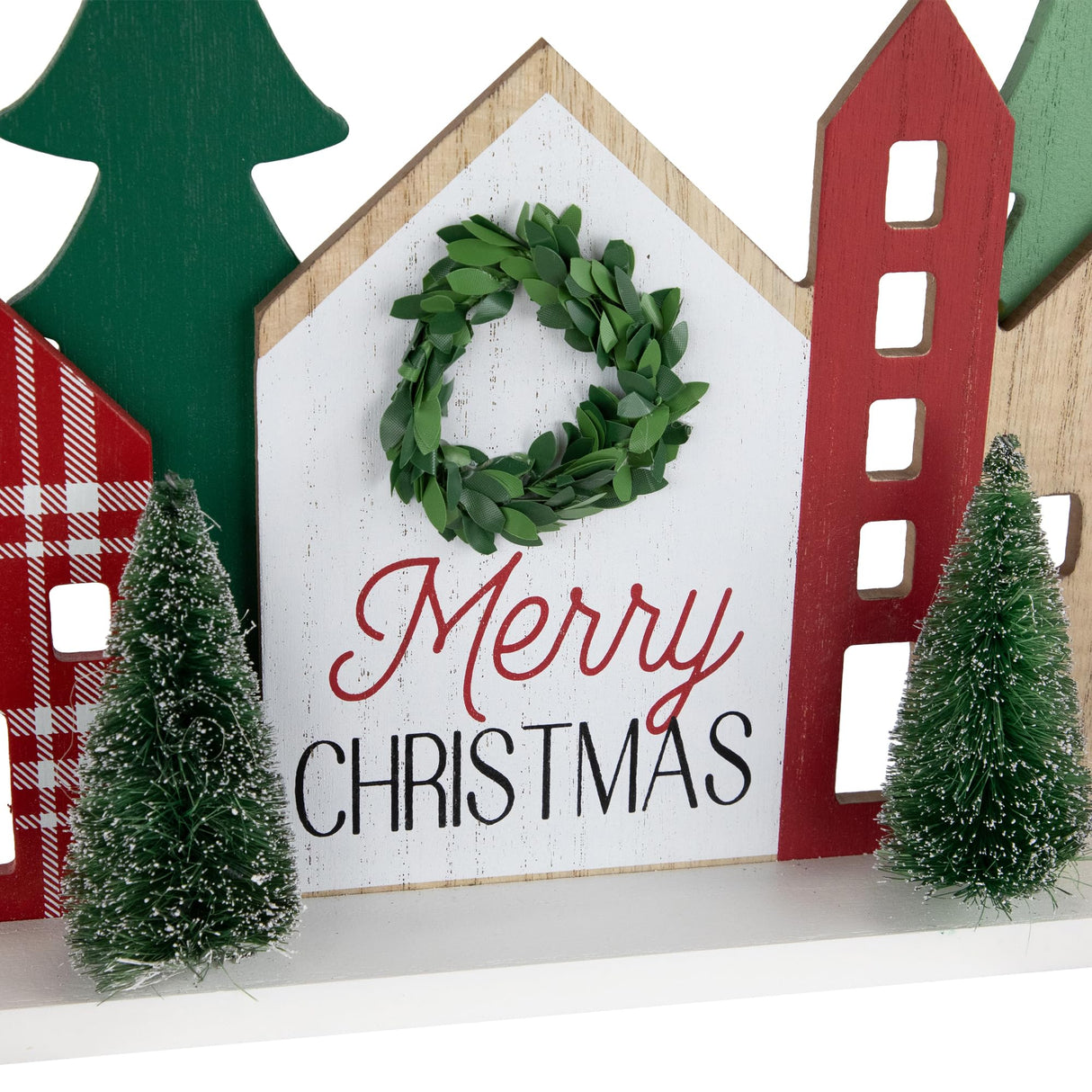 Northlight Wooden Merry Christmas Houses with Trees Decoration - 15" - Red and Green Northlight