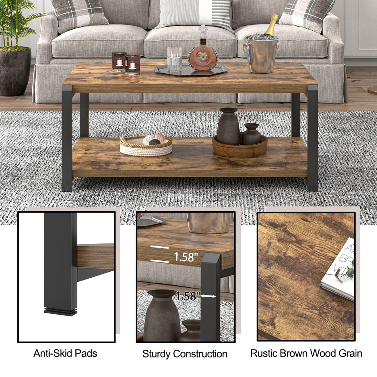 EXCEFUR Modern Coffee Table, Industrial Wood and Metal Center Table, Cocktail Tea Tables for Living Room, Rustic Brown EXCEFUR