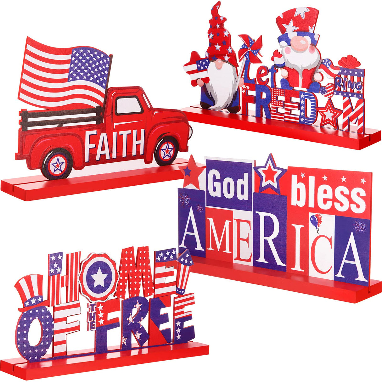4 Pieces Patriotic Table Decoration 4th of July Wooden Table Centerpiece Independence Day Wood Letter Sign Home of Free God Bless America Table Decoration for Patriotic Party Memorial Day Home Decor Jetec