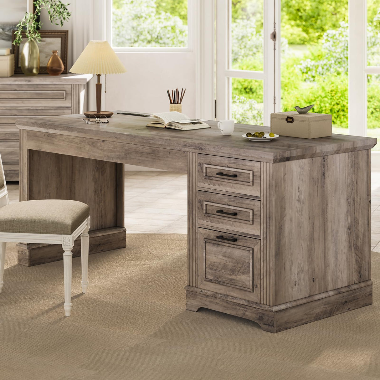 Itaar Farmhouse 55" Executive Desk, Computer Desk with Storage Drawers and Power Outlet, Home Office Desk, Workstation for Office Home, Grey Itaar