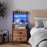 Furologee Tall Nightstand with Charging Station & LED Lights, 41'' Bedside Table with 2 Drawers & Pegboard, White Night Stand with Hooks & Folders, End Table with Shelves for Bedroom/Living Room Furologee