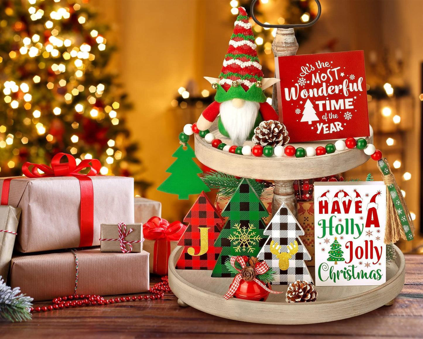 Christmas Tiered Tray Decor 10 PCS Christmas Decorations for Home - Christmas Table Decor Wooden Signs & Christmas Gnome Plush Set - Farmhouse Christmas Tray Decor Kitchen Table Mantel Christmas Party