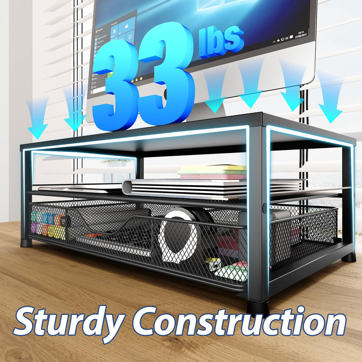 OPNICE Desk Organizer and Accessories, 2-Tier Computer Monitor Stand with Drawer and 2 Pen Holders, Office Desk Accessories for Office Supplies, Black OPNICE