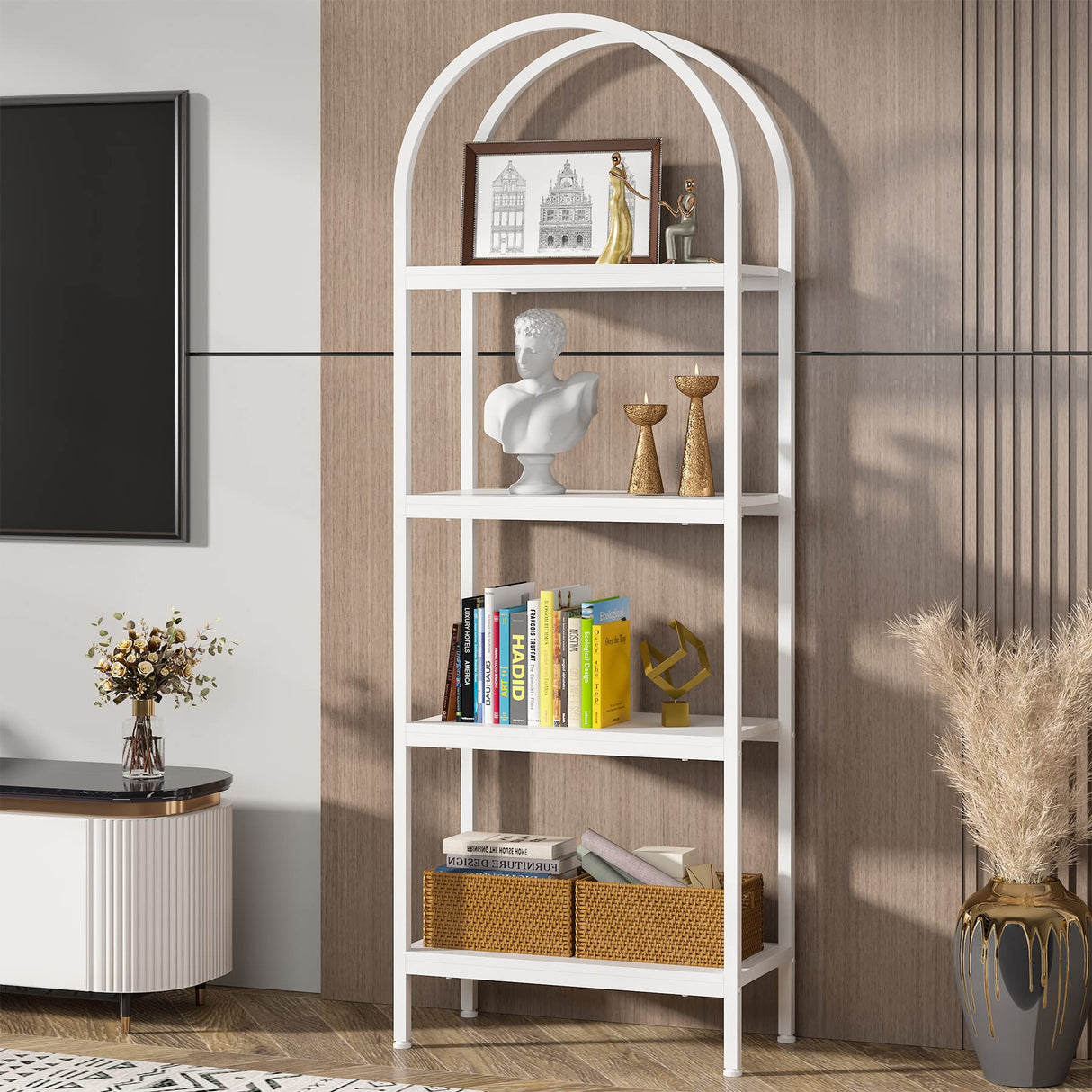 Tribesigns 4-Tier Open Bookshelf, 70.8" Industrial Wood Bookcase Storage Shelves with Metal Frame, Freestanding Display Rack Tall Shelving Unit for Office, Bedroom, Living Room (White, 1PC) Tribesigns