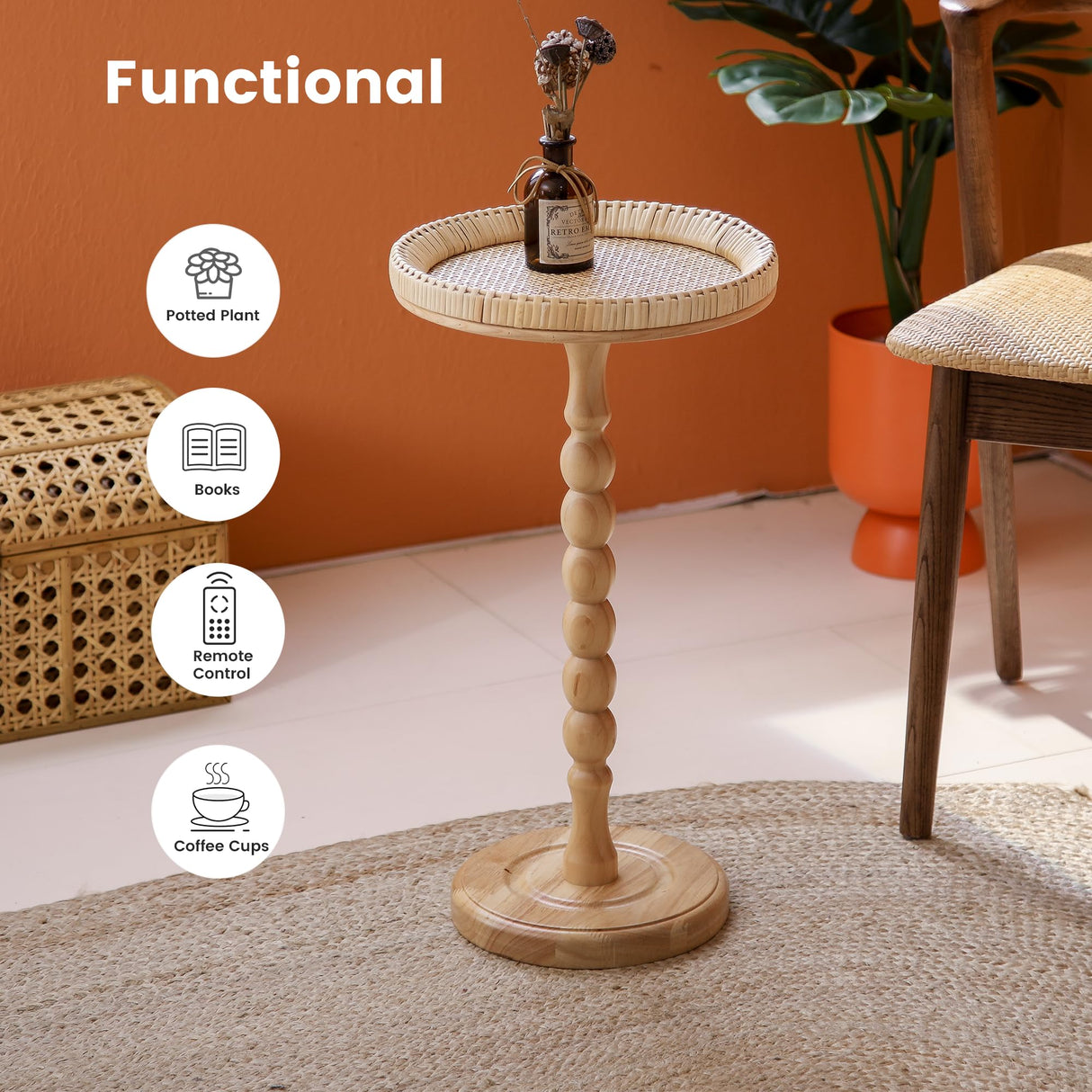 HuiDao Drink Table，Rattan Round Small Side Table for Small Spaces, Boho Circle End Table Coffee Table with Solid Wood Leg for Living Room, Pedestal Table for Bedroom, Corners HuiDao