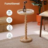 HuiDao Drink Table，Rattan Round Small Side Table for Small Spaces, Boho Circle End Table Coffee Table with Solid Wood Leg for Living Room, Pedestal Table for Bedroom, Corners HuiDao