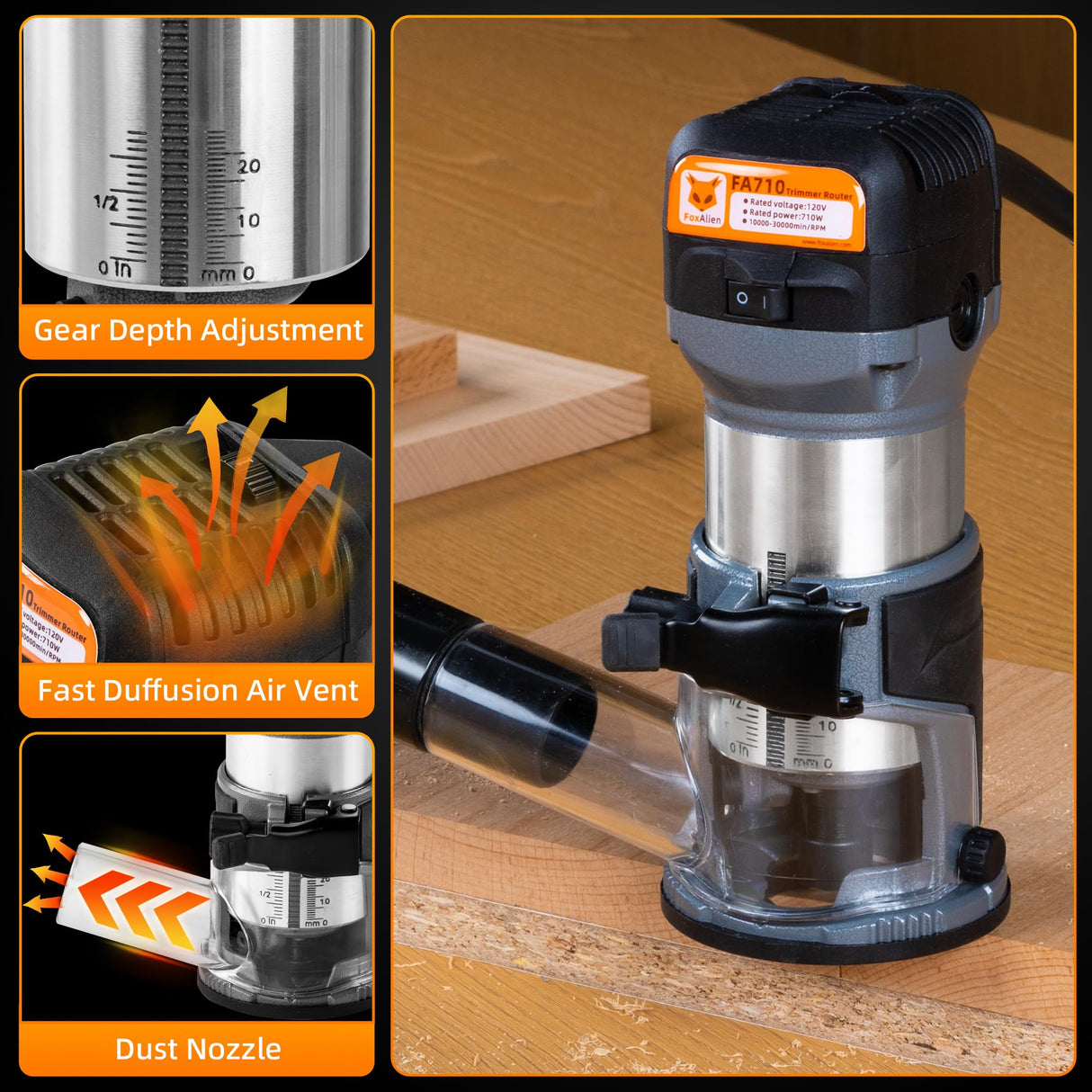 FoxAlien 1HP 710W 65mm Diameter Compact Palm Router for CNC Woodworking,6 Variable Speeds Max 30000 R/MIN Wood Trimmer with 1/4” Collect (110V) FoxAlien