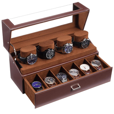 ProCase Watch Case for Men, 10 Slot Watch Display Stand with Acrylic Lid, Watch Display Case with Drawer, 2-Layer Mens Watch Box, Watch Holder Organizer for Men Women -Espresso ProCase